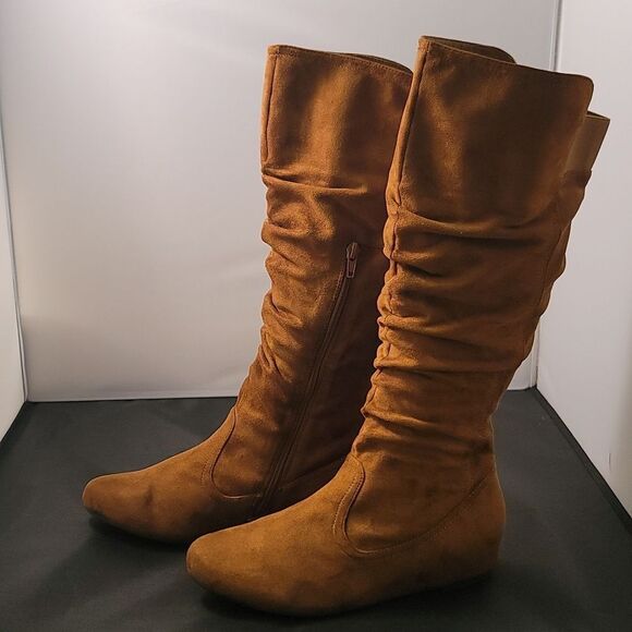 BRAND NEW HE WOMEN' WIDE CALF FAUX FUR SLOUCHY LOW HEEL SIDE ZIP KNEE HIGH BOOTS - Picture 9 of 13